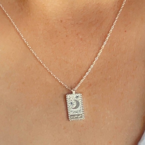 Sterling Silver Rectangle Moon and Stars Necklace - Picture 6 of 17